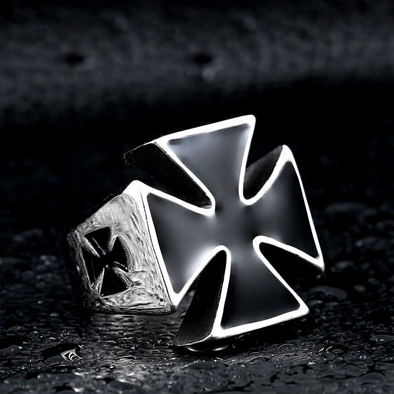 Unique titanium Celtic cross ring with a striking design, perfect for bikers and rock style enthusiasts.