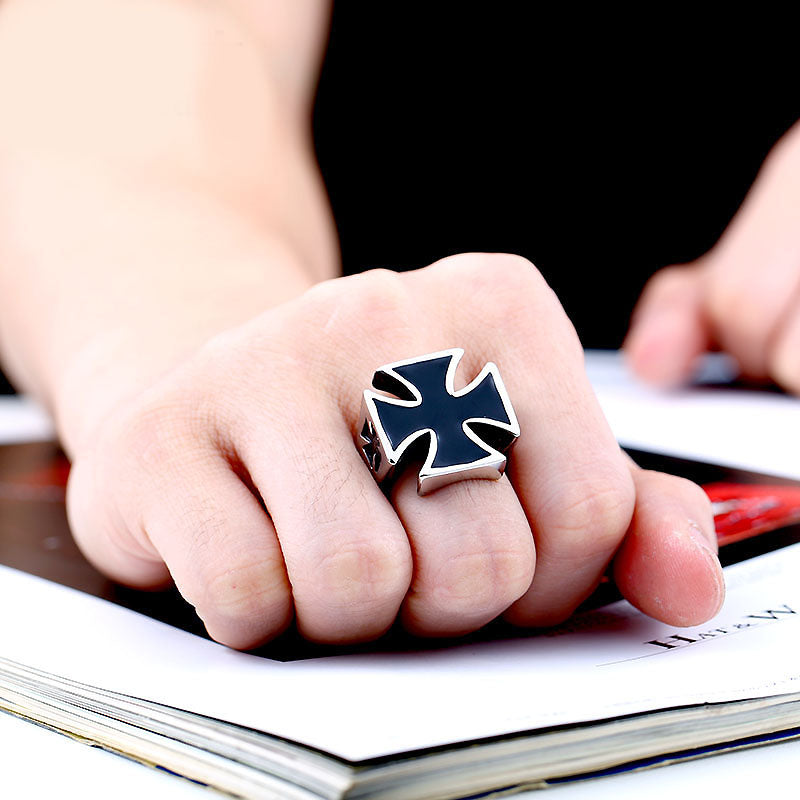 Biker unique titanium Celtic cross ring showcased on a hand, perfect for rock style and motorcycle events.