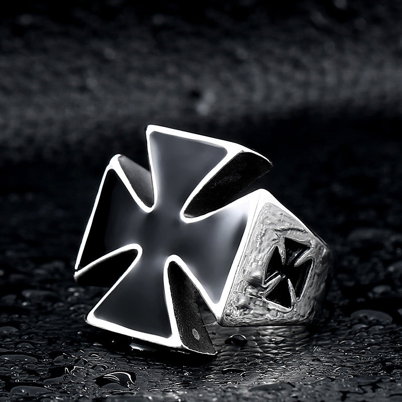 Biker unique titanium Celtic cross ring, crafted stainless steel, perfect for rock style and motorcycle events.