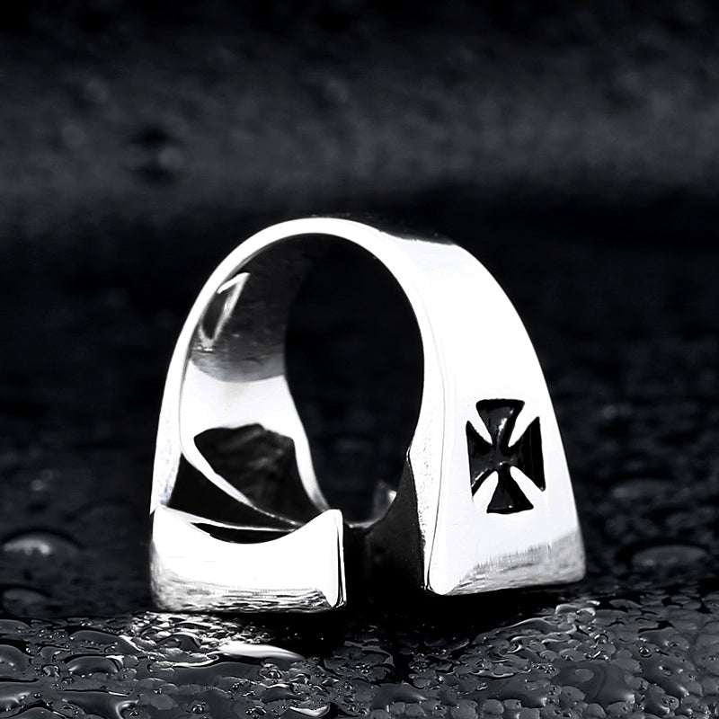 Stainless steel Celtic cross ring with unique design, perfect for bikers and rock style enthusiasts.