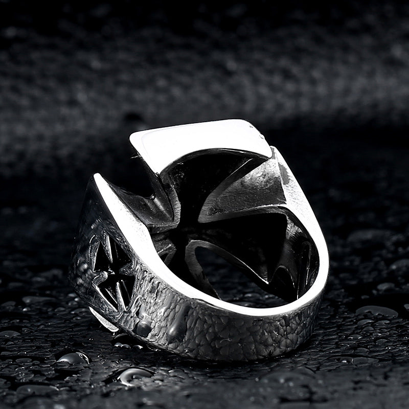 Stylish titanium Celtic cross ring, designed for bikers, featuring a polished stainless steel finish, ideal for rock events.