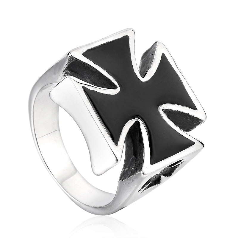 Biker Unique Titanium Celtic Cross Ring in stainless steel with black enamel, perfect for cosplay and rock events.