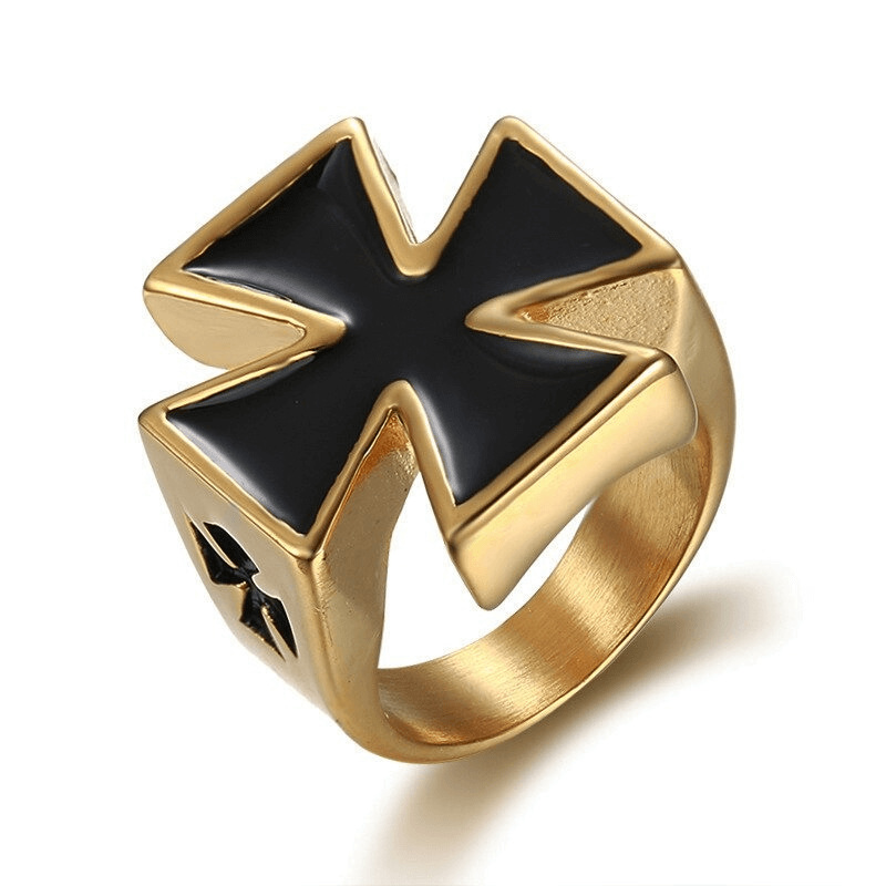 Biker style golden ring with a black cross design, perfect for cosplay, events, and motorcycle rides.