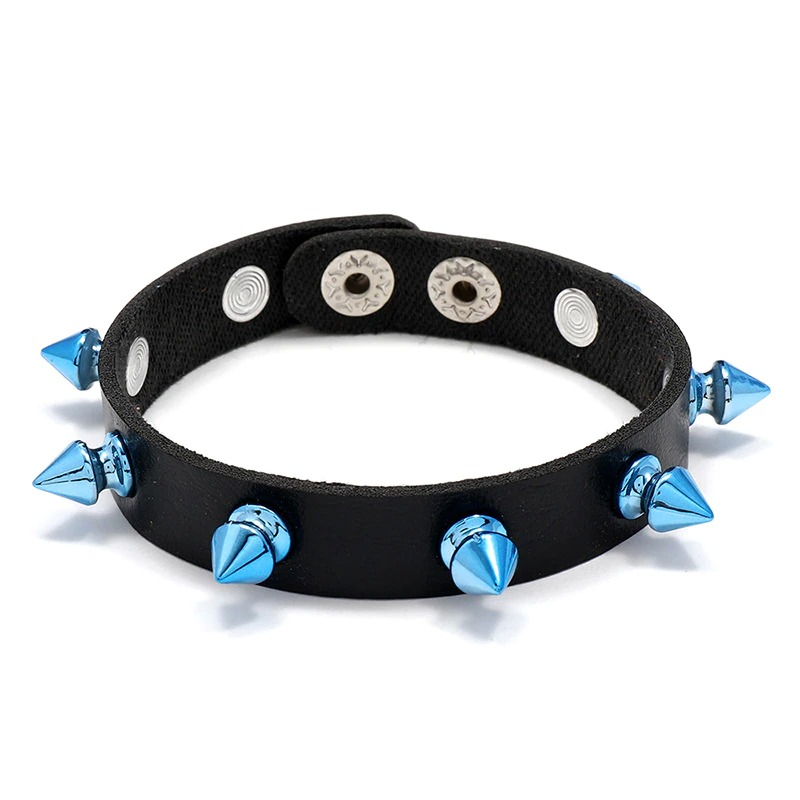 Biker Unisex Bracelet PU Leather with Rivet of Blue Cone / Punk Bangles with Wide Cuff - HARD'N'HEAVY