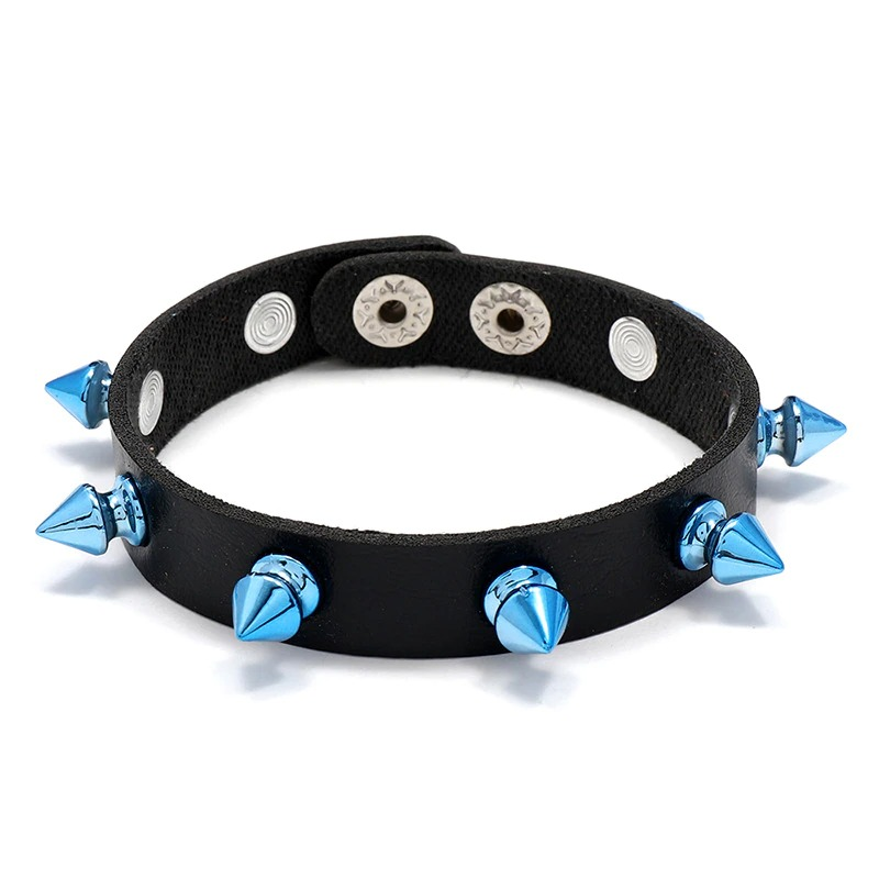 Trendy unisex PU leather bracelet with blue spikes for punk style fashion, perfect for men and women.