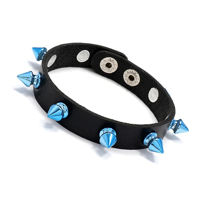 Trendy unisex punk bracelet with blue spikes and black PU leather, perfect for stylish punk looks.