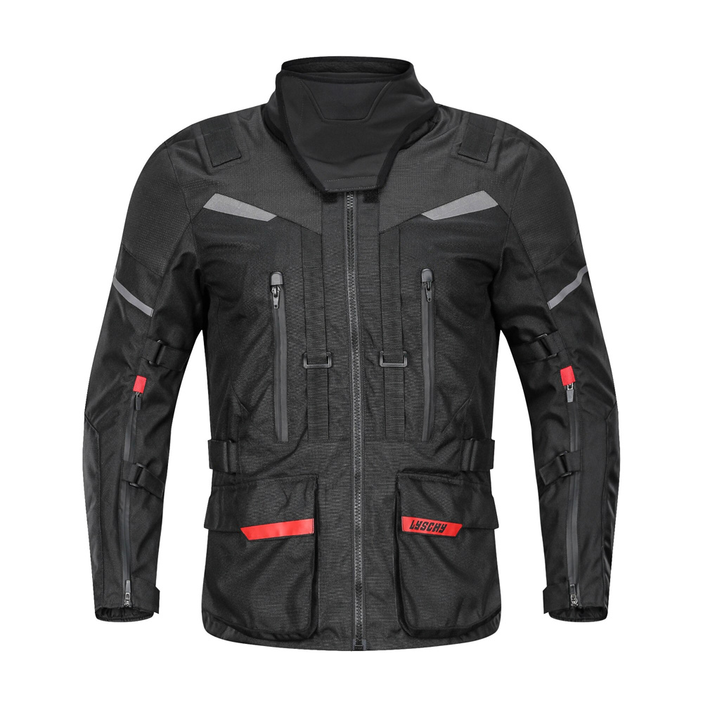 Men's biker waterproof jacket in black with reflective details and multiple pockets for motorcycling and outdoor activities.