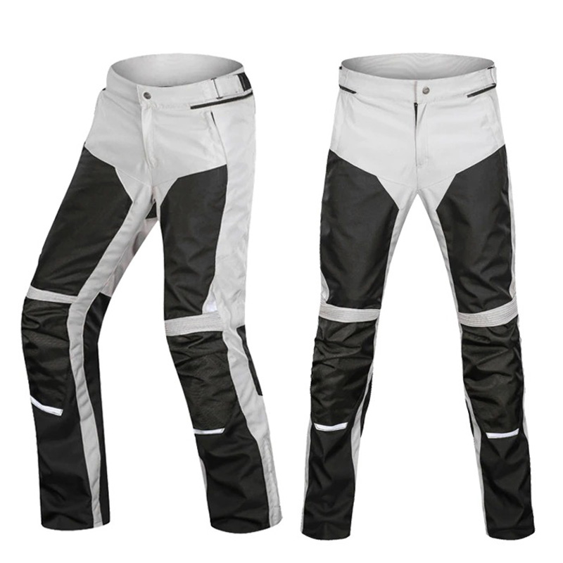 Men's waterproof motorcycle pants in black and white, ideal for biking and cold conditions, offering style and protection.
