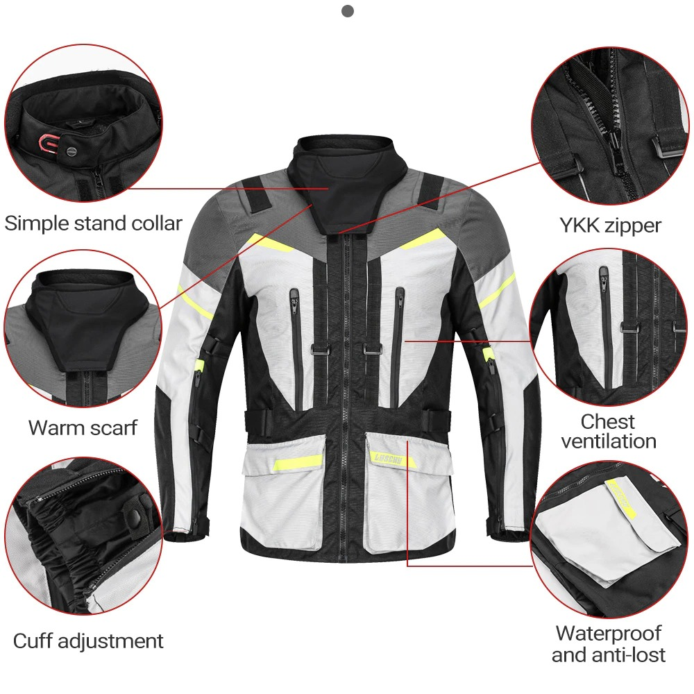 Biker waterproof jacket for men featuring YKK zipper, chest ventilation, cuff adjustment, and warm scarf.