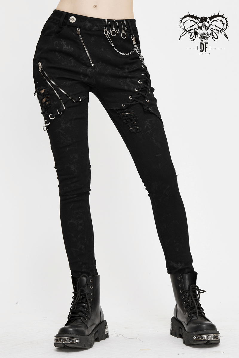 CLEARANCE / Biker Women's Punk Skinny Jeans with Lace Up / Female Black Grunge Ripped Trousers - HARD'N'HEAVY