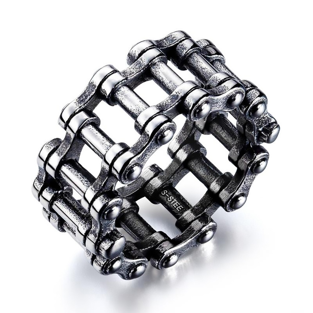 Stainless steel chain ring in a unique biker style for men and women, perfect for punk rock fashion.