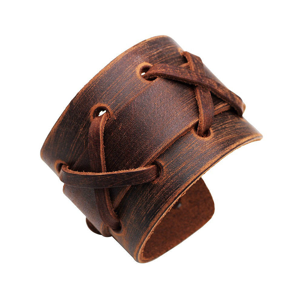Brown genuine leather wide bracelet with x-type leather decoration for a stylish rock look.