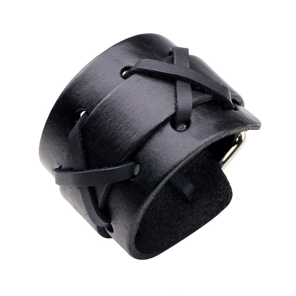 Black genuine leather wide bracelet with x-type decoration, perfect for rock style fashion.