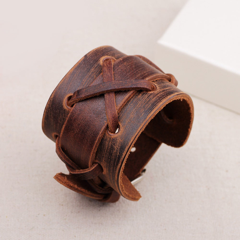 Stylish brown genuine leather wide bracelet for men and women, featuring rock style and unique x-type decoration.