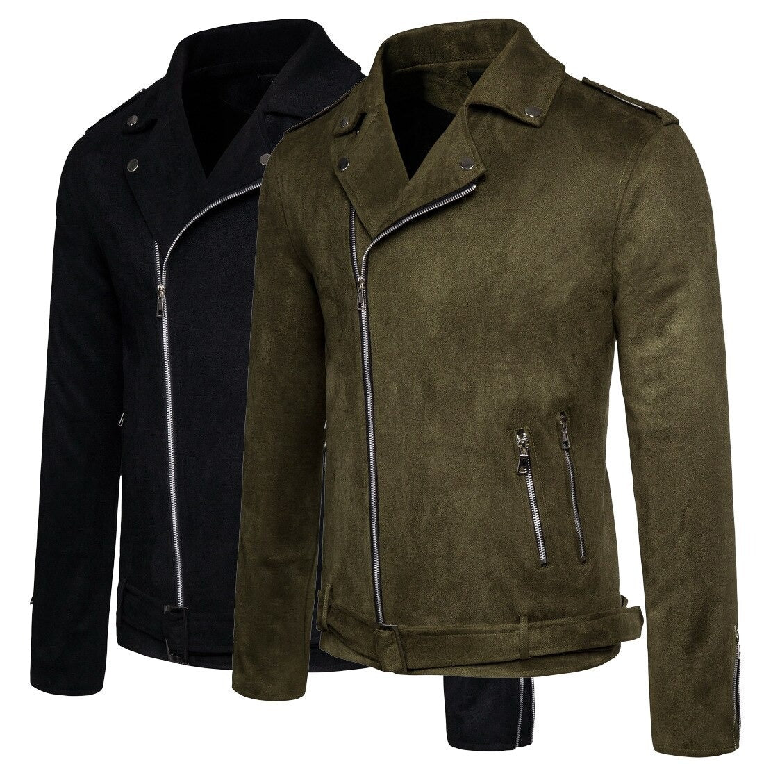 Black and Green Motorcycle Suede Zipper Jacket for Men / Male Jacket and Coat of Slim Outwear - HARD'N'HEAVY
