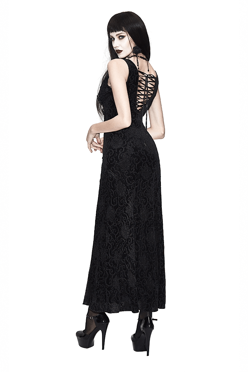 Elegant black lace gothic dress with decorative lacing on the back, perfect for a chic gothic wardrobe.