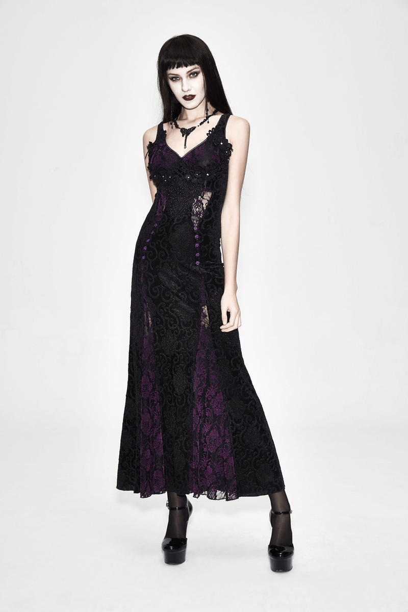 Elegant black and purple gothic lace dress with decorative roses, perfect for a sexy gothic wardrobe.
