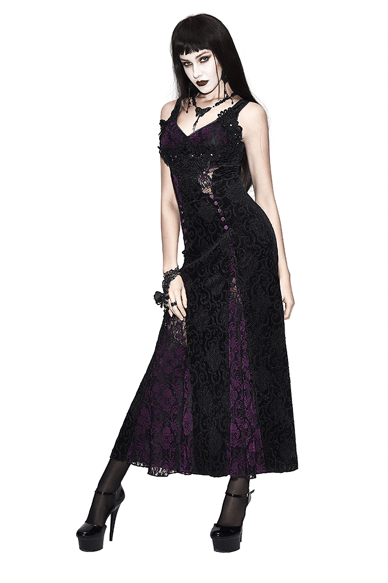 Elegant black and purple gothic lace dress featuring decorative roses and stylish lacing, perfect for a darkly romantic wardrobe.