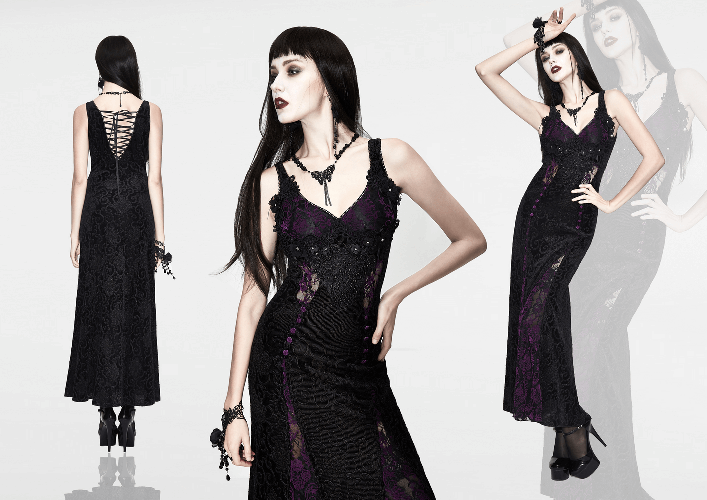 Stunning black and purple gothic lace dress featuring decorative roses and elegant lacing details.