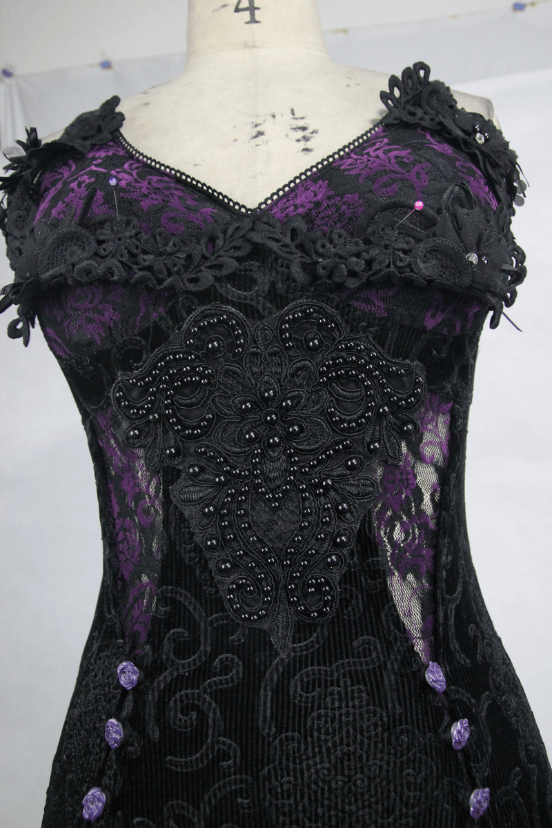 Elegant black and purple gothic lace dress featuring decorative roses and intricate lacing details.