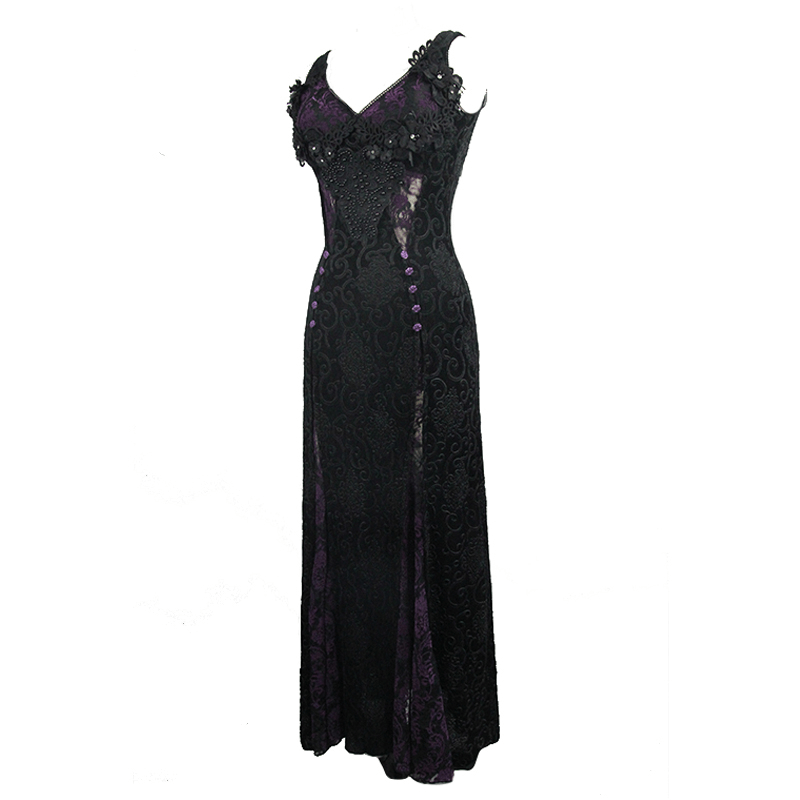 Elegant black and purple gothic lace dress featuring roses, lacing, and a long, graceful cut.