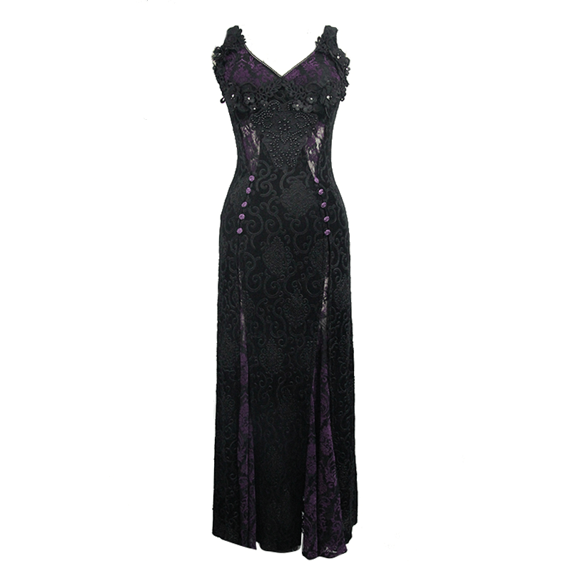 Elegant black and purple gothic lace dress with decorative roses and lacing, perfect for enchanting gothic occasions.