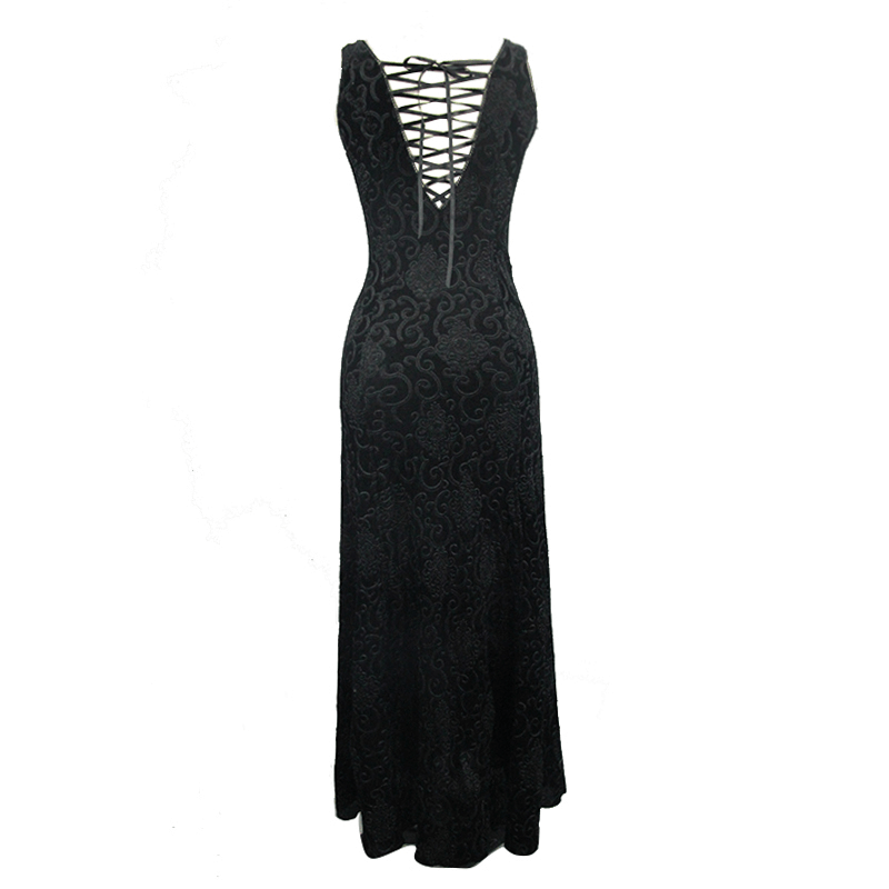 Elegant black and purple gothic lace dress with a deep V-back and decorative lacing, perfect for a bold style.