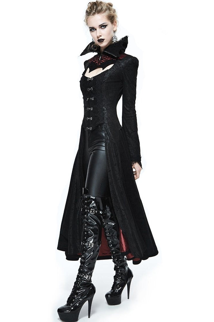 Gothic black and red embossed long coat with high collar, perfect for rock and goth styles, paired with shiny black thigh-high boots.