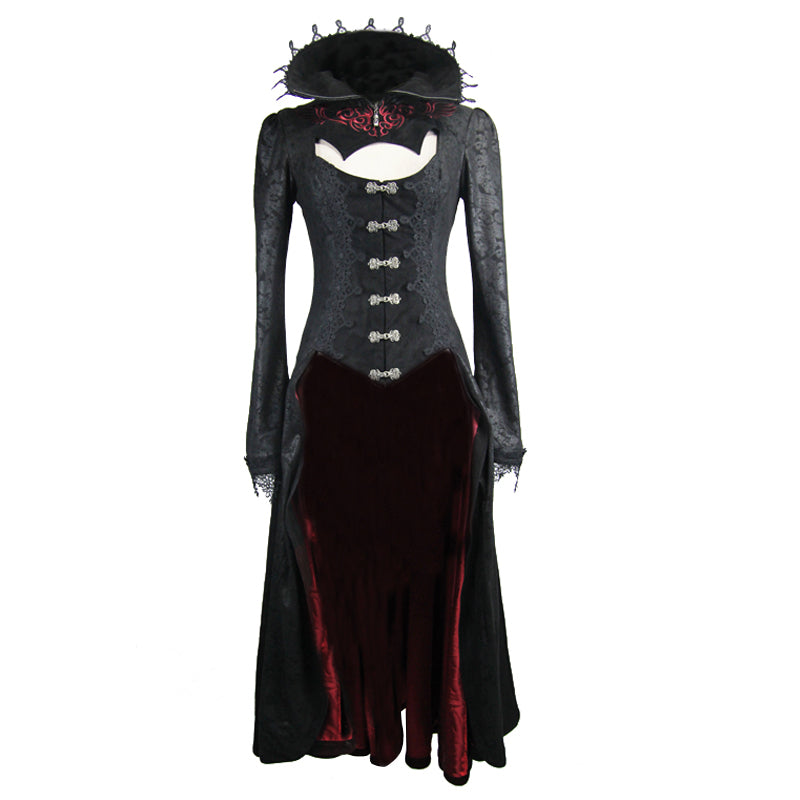 Black and red embossed long gothic coat with high collar, lacing, buttons, and rivets, perfect for rock or goth looks.
