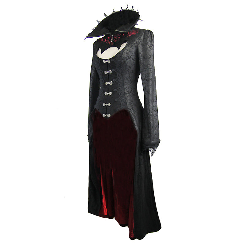 Gothic style black and red long coat with high collar, featuring lacing, buttons, and velvety fabric for a dramatic look.