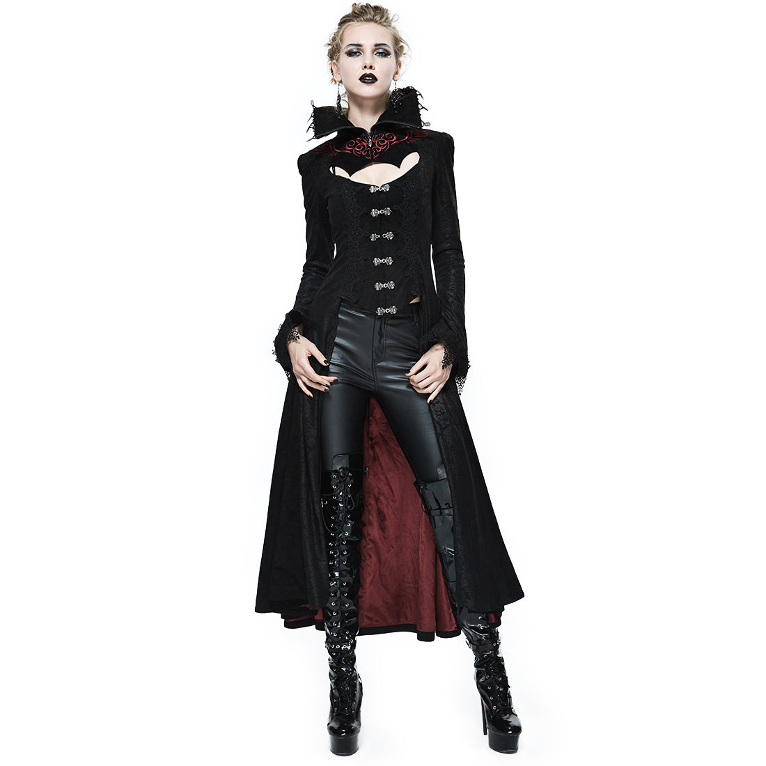 Gothic style black and red long coat with high collar, lacing details, perfect for rock or goth looks.