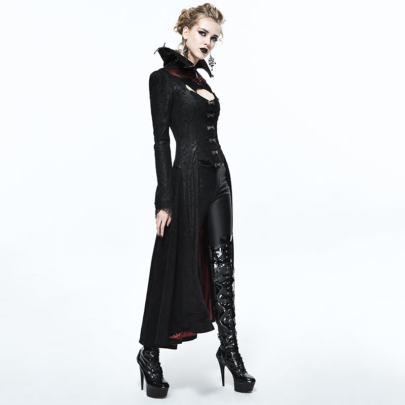 Gothic style long coat in black and red with high collar, featuring lacing and buttons, perfect for rock or goth looks.