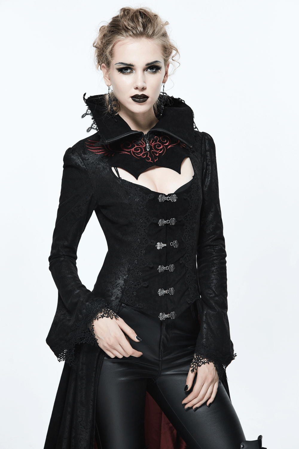 Gothic long coat with high collar, lace details, and buttons, perfect for a rock or goth style look.