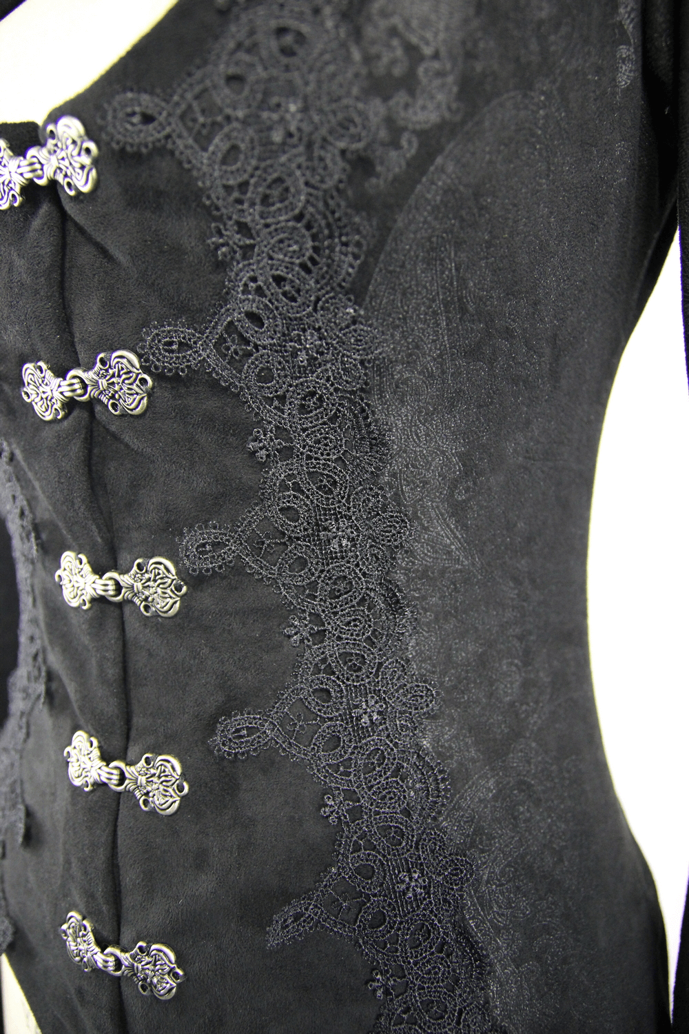 Detail view of black and red long coat showing intricate lace design and silver buttons in Gothic style.