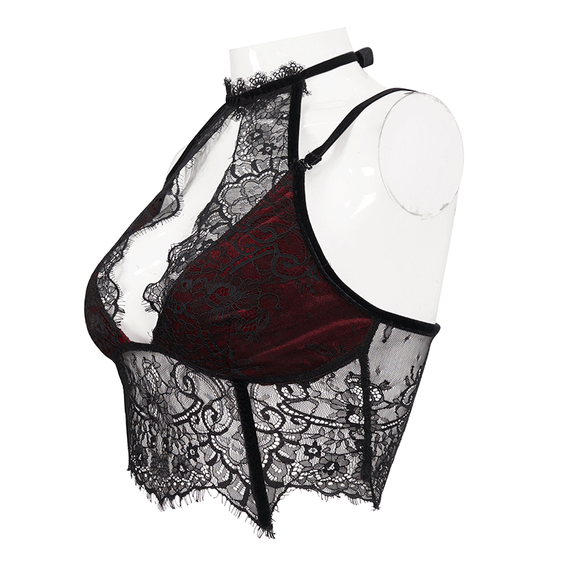 Black and red gothic lace velvet bra for women with sexy halter neck and lace-up back details.