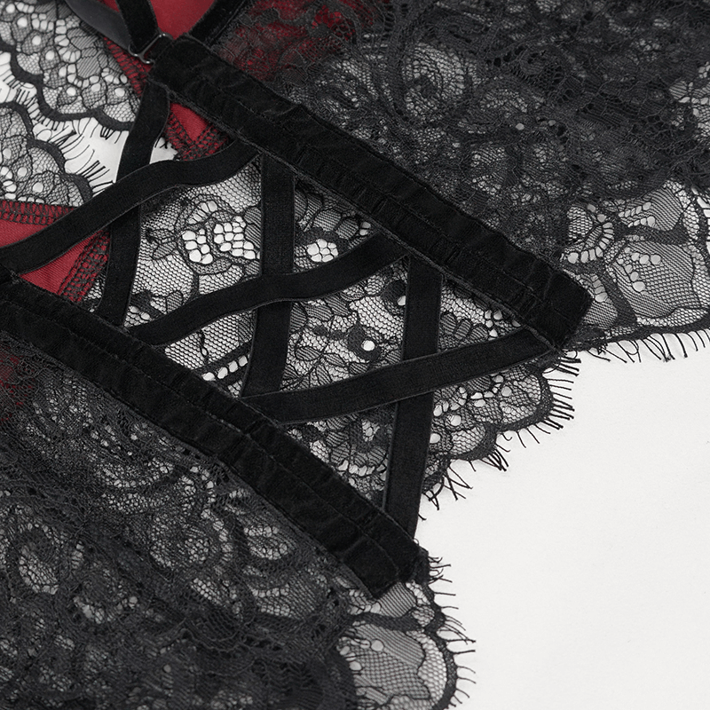 Close-up of black and red gothic lace velvet bra showcasing intricate lace and lace-up back details for a sexy look.