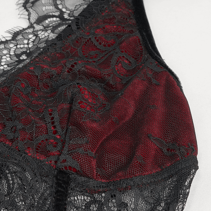 Close-up of a black and red gothic lace velvet bra, showcasing intricate lace details and a luxurious texture.