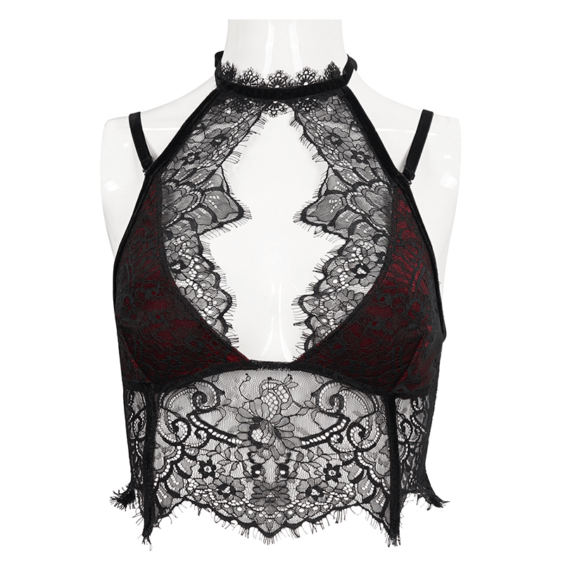 Black and Red Gothic Lace Velvet Bra for Women / Sexy Halter Neck Lingerie with Lace-Up Back