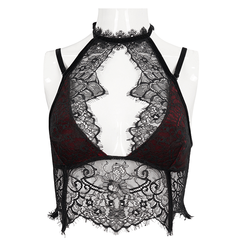 Black and red gothic lace velvet bra for women with sexy halter neck and lace-up back design.