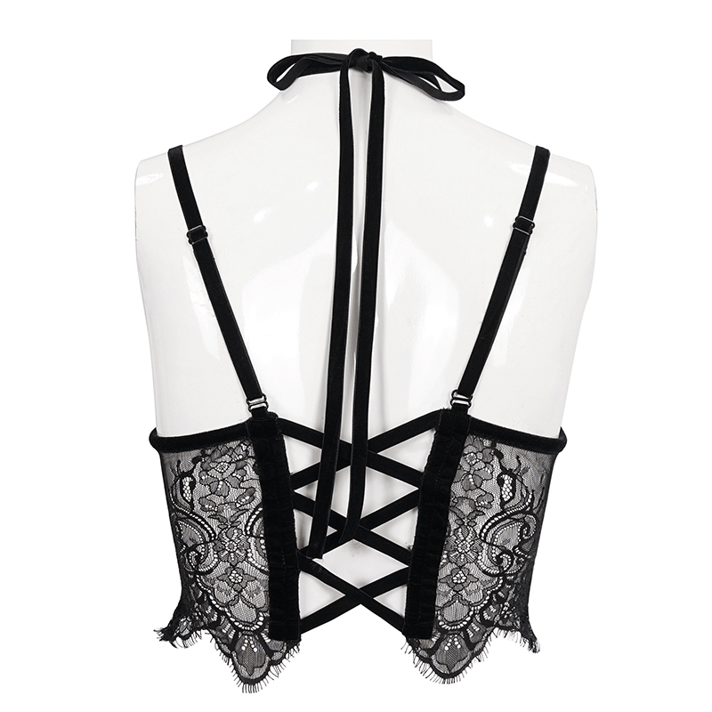Back view of a black and red gothic lace velvet bra featuring a sexy halter neck and lace-up design.