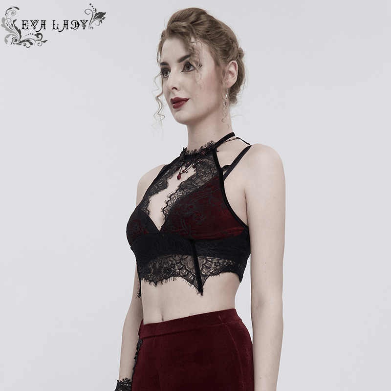 Model showcasing a black and red gothic lace velvet bra with sexy halter neck design and lace-up back.