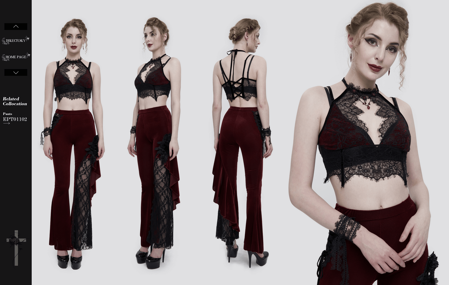 Black and red gothic lace velvet bra with sexy halter neck, paired with velvet pants, creating stunning gothic style.