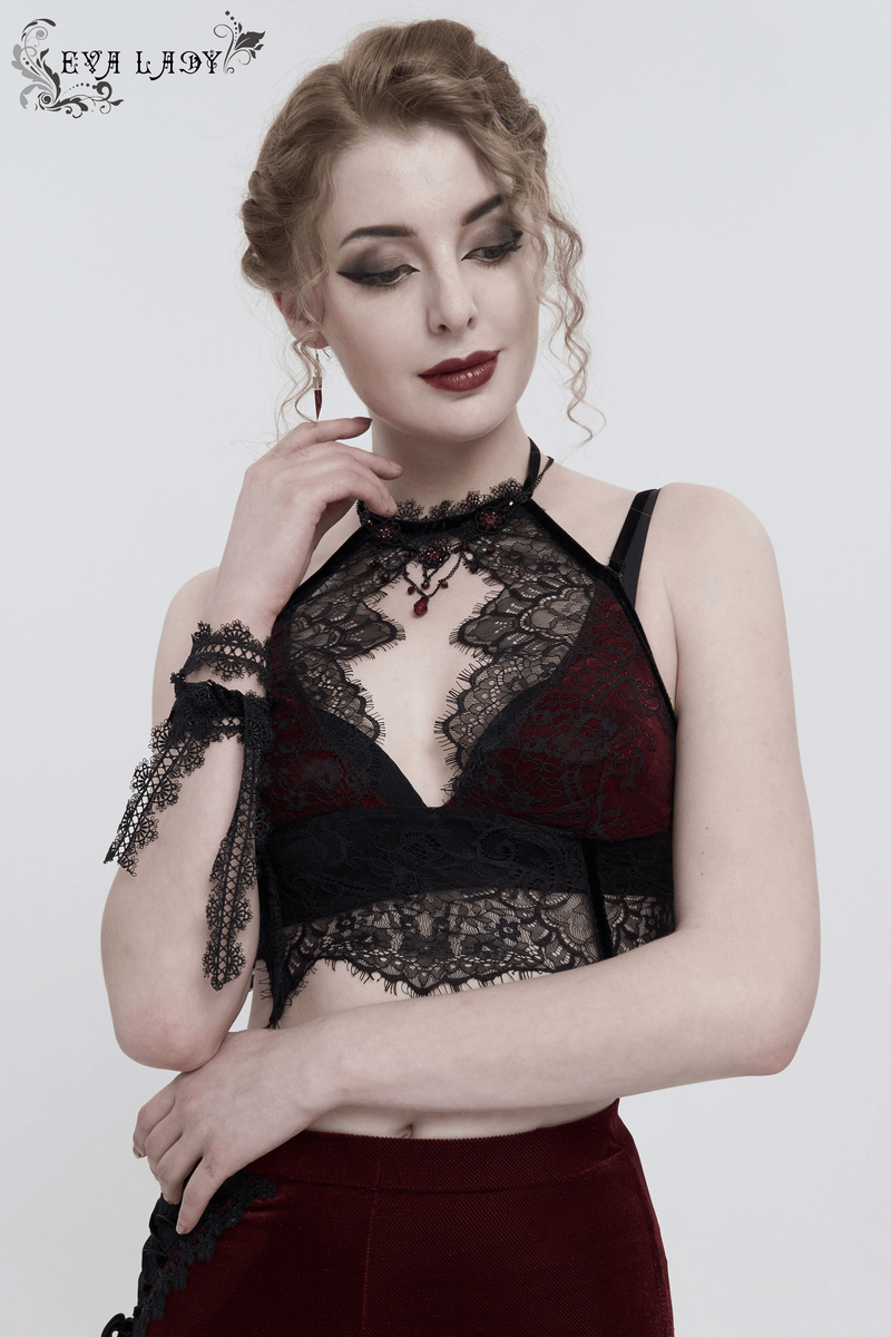 Elegant black and red gothic lace velvet bra on a model, featuring a sexy halter neck and lace-up back.