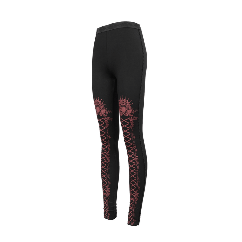 Black And Red Gothic Patterned Legging / Stylish Lacing Elastic Waist Leggings - HARD'N'HEAVY