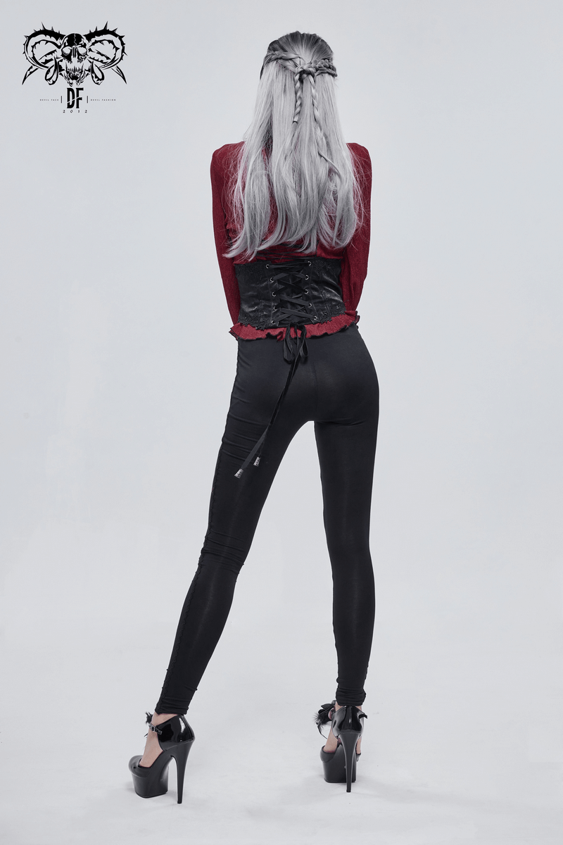 Black And Red Gothic Patterned Legging / Stylish Lacing Elastic Waist Leggings - HARD'N'HEAVY