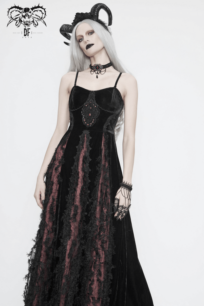 Black And Red Gothic Velvet Long Dress / Women's Lace Dress with Lacing at The Back - HARD'N'HEAVY