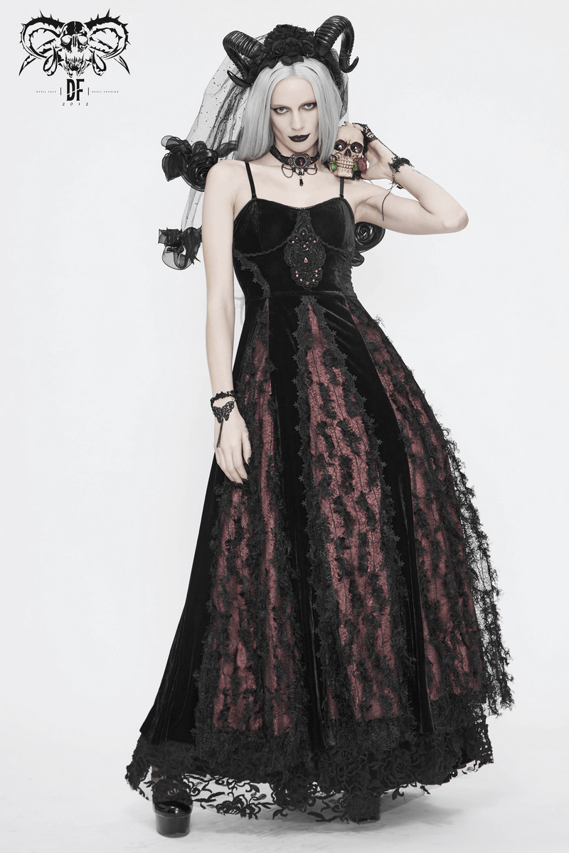 Black And Red Gothic Velvet Long Dress / Women's Lace Dress with Lacing at The Back - HARD'N'HEAVY