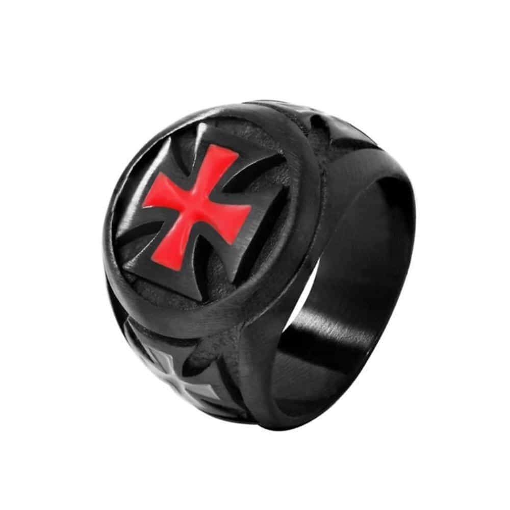 Black and Red Iron Cross Ring, stylish biker accessory in 316L stainless steel, perfect for alternative fashion and cosplay.