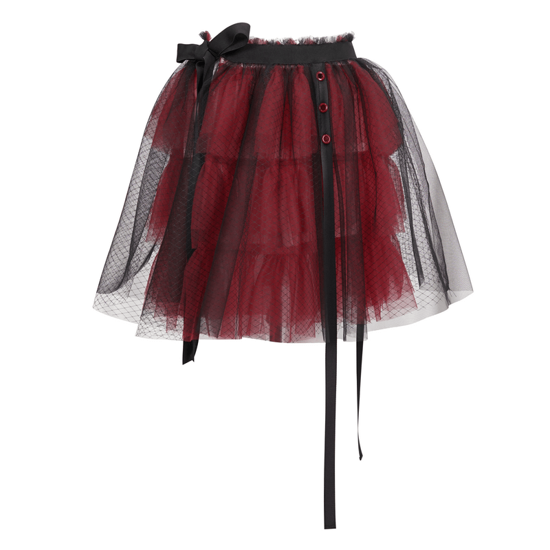 Black and red short mesh gothic skirt with bowknot and layered design for stylish outfits.