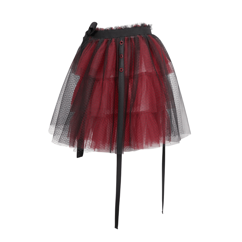 Stylish black and red short mesh skirt with bowknot, perfect for gothic outfits and casual wear.